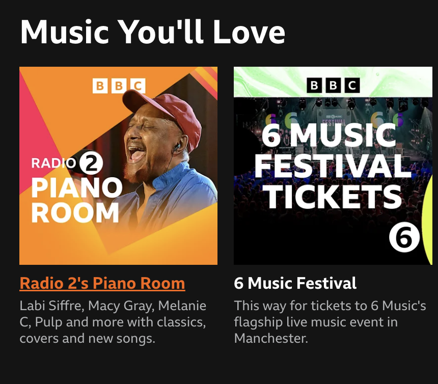 Recommendation engine on BBC Sounds page